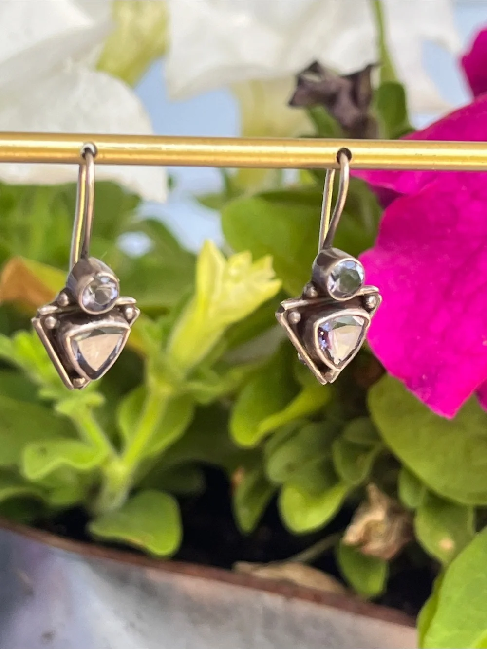 Sterling Silver Iolite & Amethyst Triangular Drop Earrings Vintage